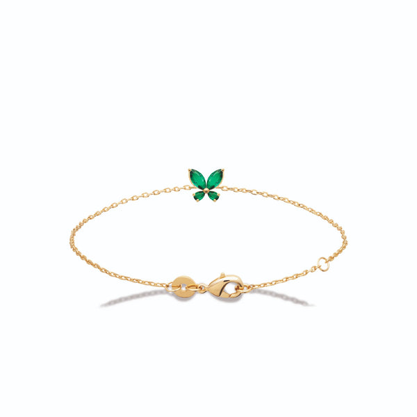 Bracelet chaîne fine papillon de pierres vertes en plaqué or