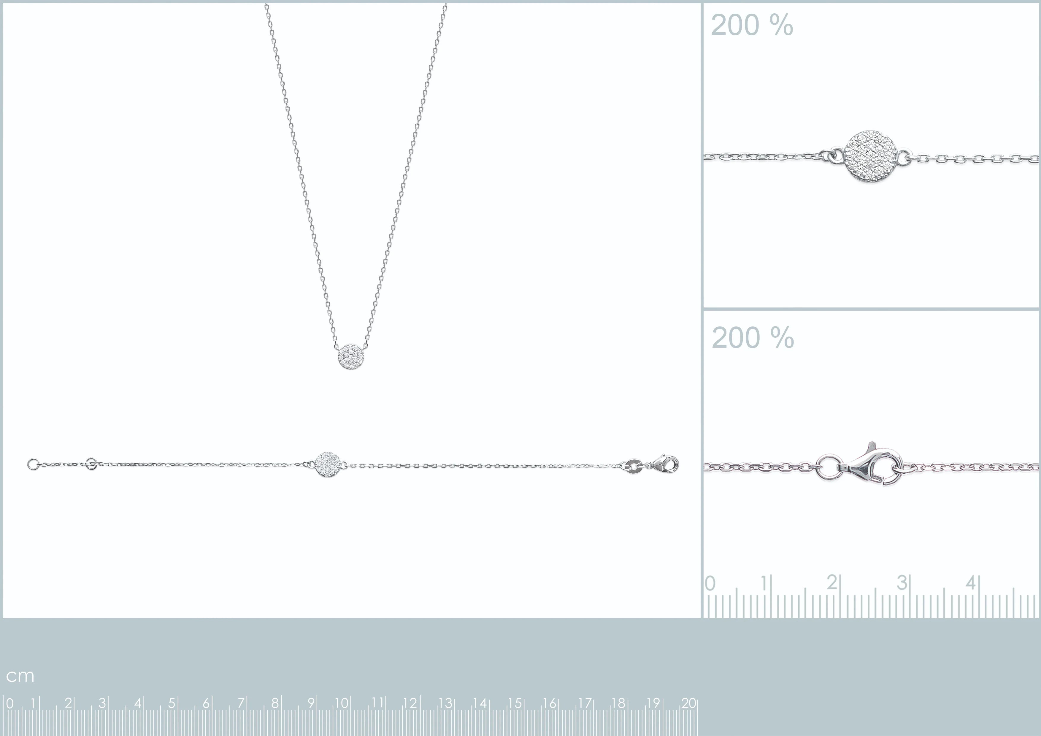 Bracelet chaîne fine et pastille pavée de zircons en argent 925, planche à l’échelle, bracelet en taille réelle et agrandi