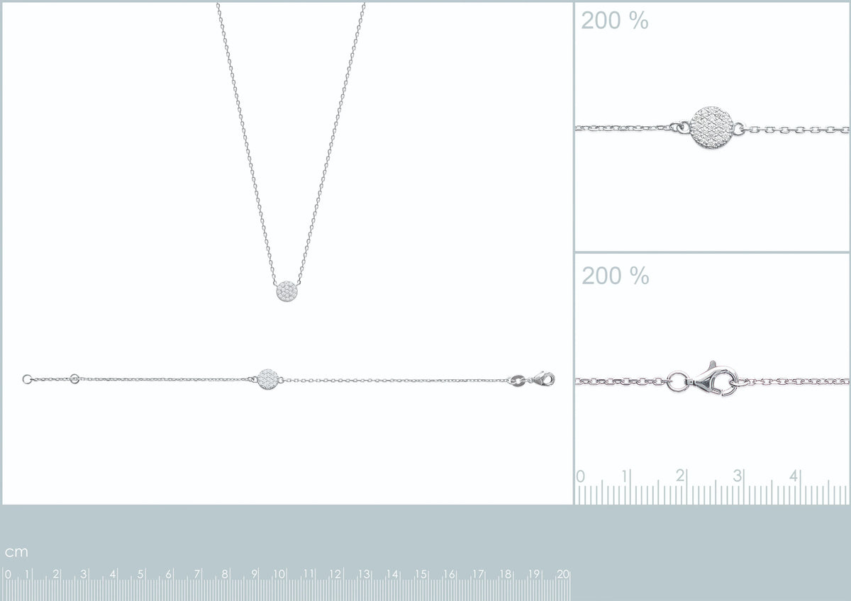 Bracelet chaîne fine et pastille pavée de zircons en argent 925, planche à l’échelle, bracelet en taille réelle et agrandi