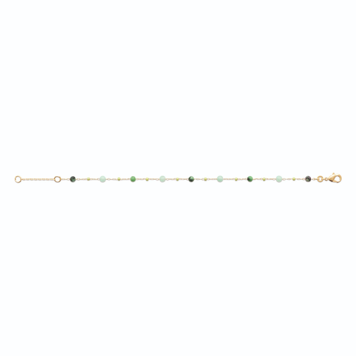 Bracelet chaîne fine perlée de pierres véritables vertes en plaqué or