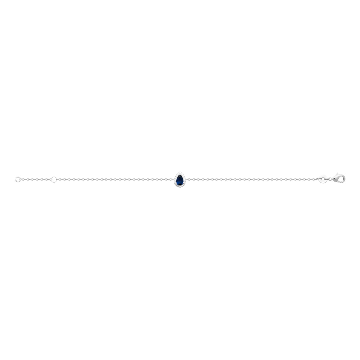 Bracelet chaîne fine petite goutte bleu nuit cerclée de zircons en argent 925 rhodié