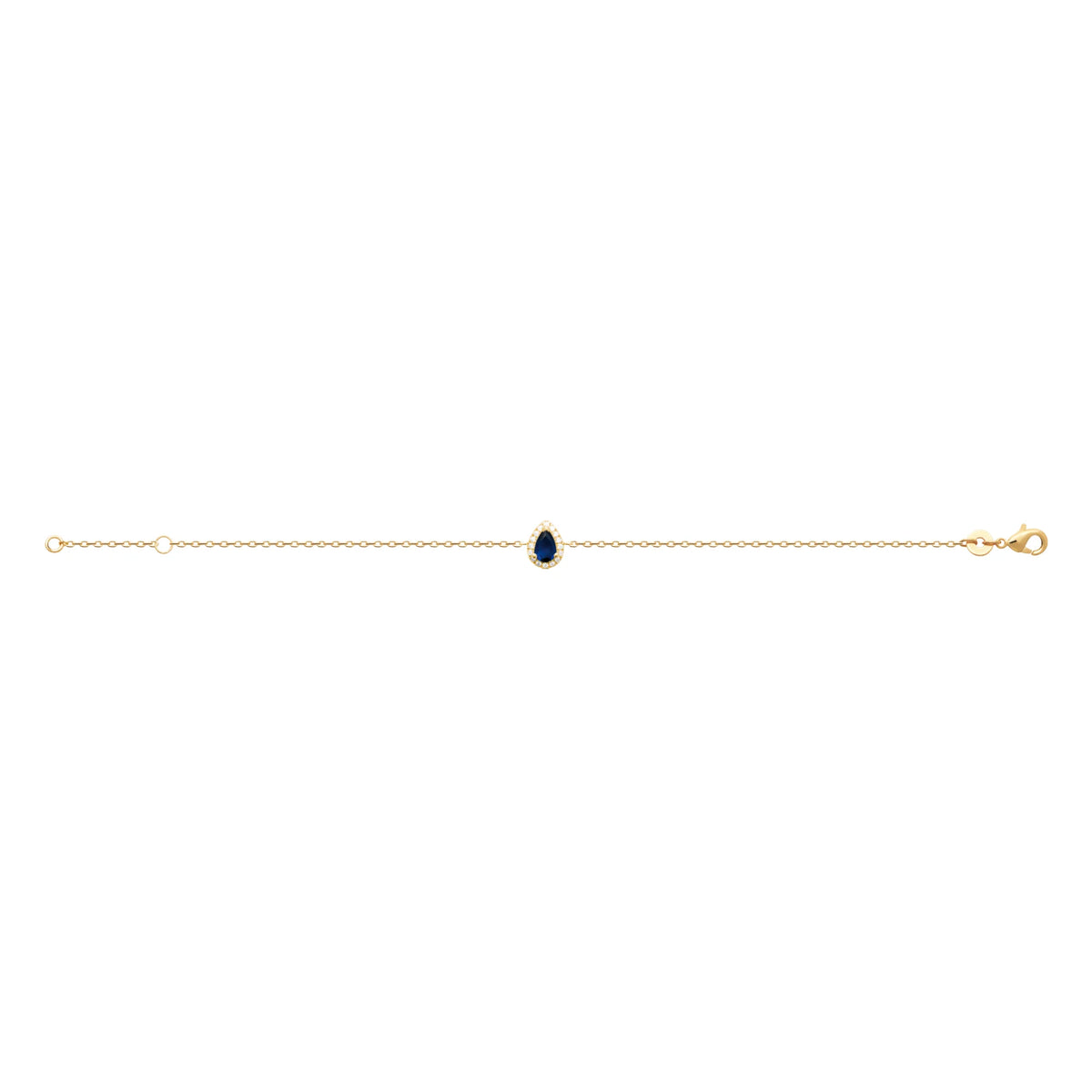 Bracelet chaîne fine petite goutte bleu nuit cerclée de zircons en plaqué or