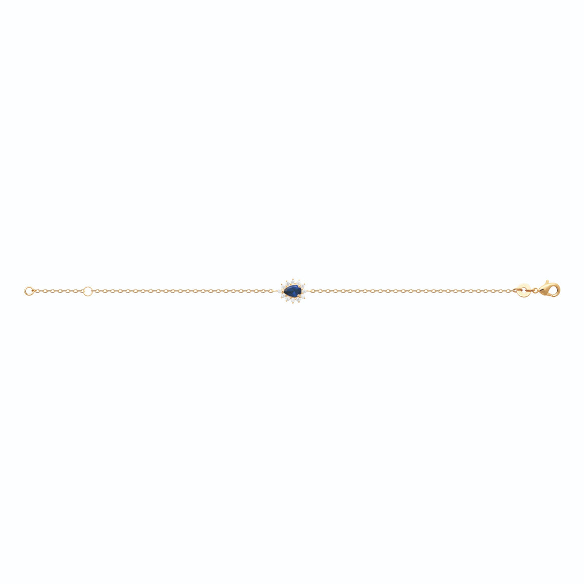 Bracelet chaîne fine pierre bleue poire et halo rayonnant en plaqué or