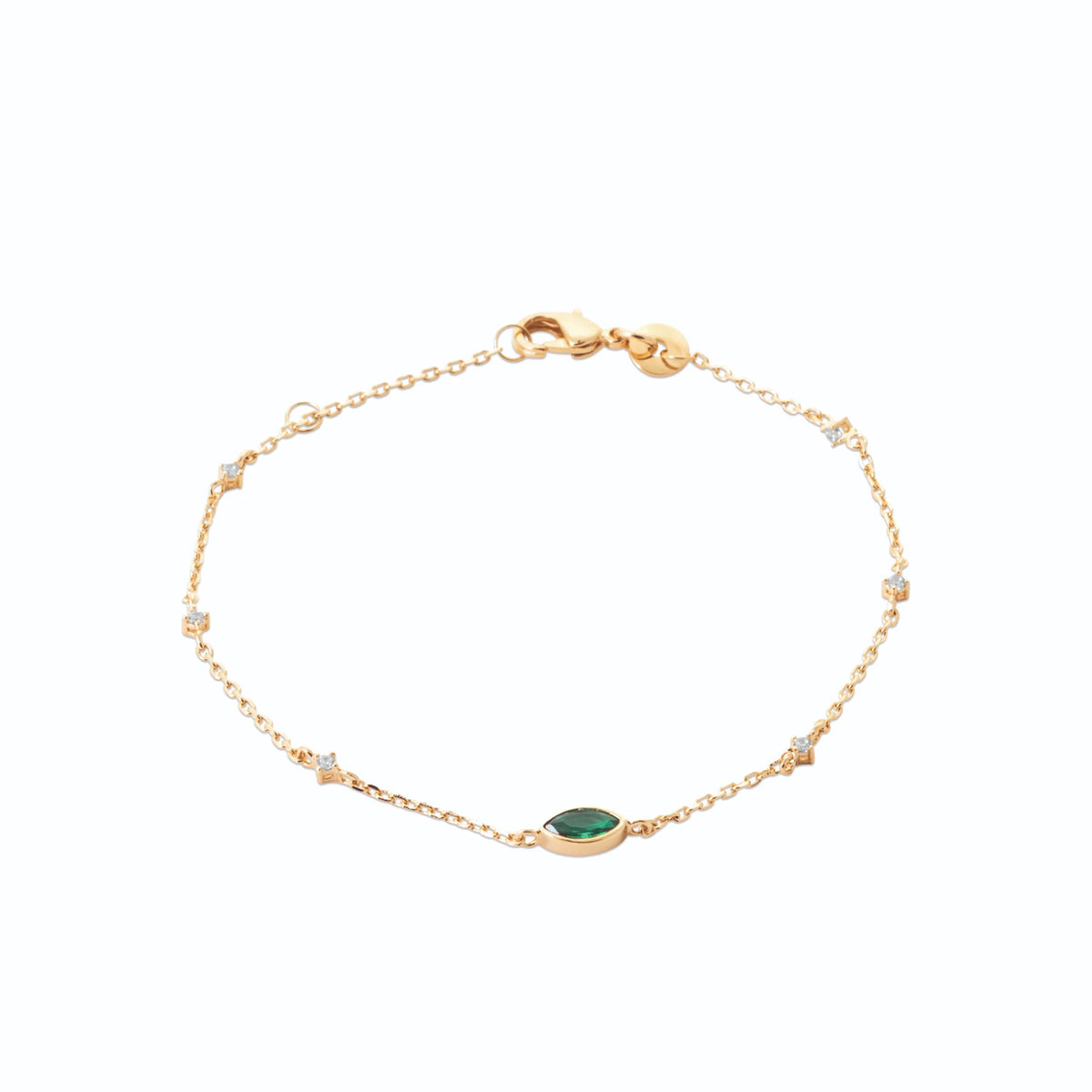 Bracelet chaîne fine pierre verte navette et ligne de zircons en plaqué or