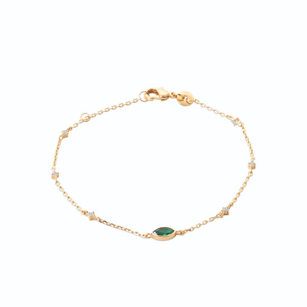 Bracelet chaîne fine pierre verte navette et ligne de zircons en plaqué or