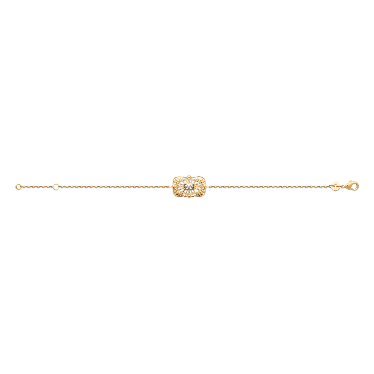 Bracelet chaîne fine plaque ajourée sertie d’un zircon en plaqué or