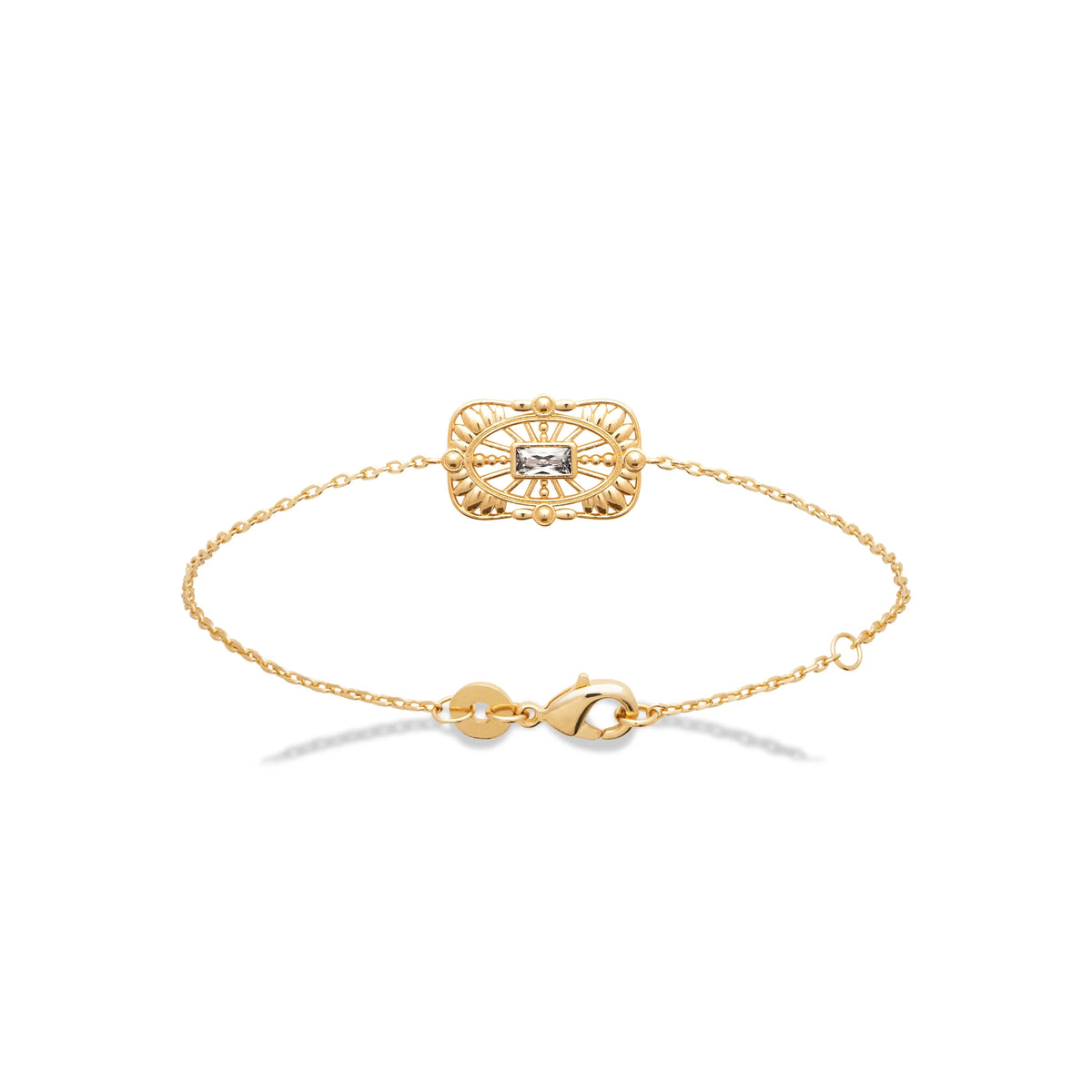 Bracelet chaîne fine plaque ajourée sertie d’un zircon en plaqué or