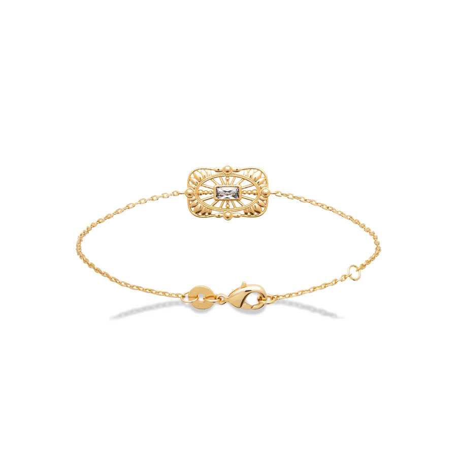 Bracelet chaîne fine plaque ajourée sertie d’un zircon en plaqué or, vue de face