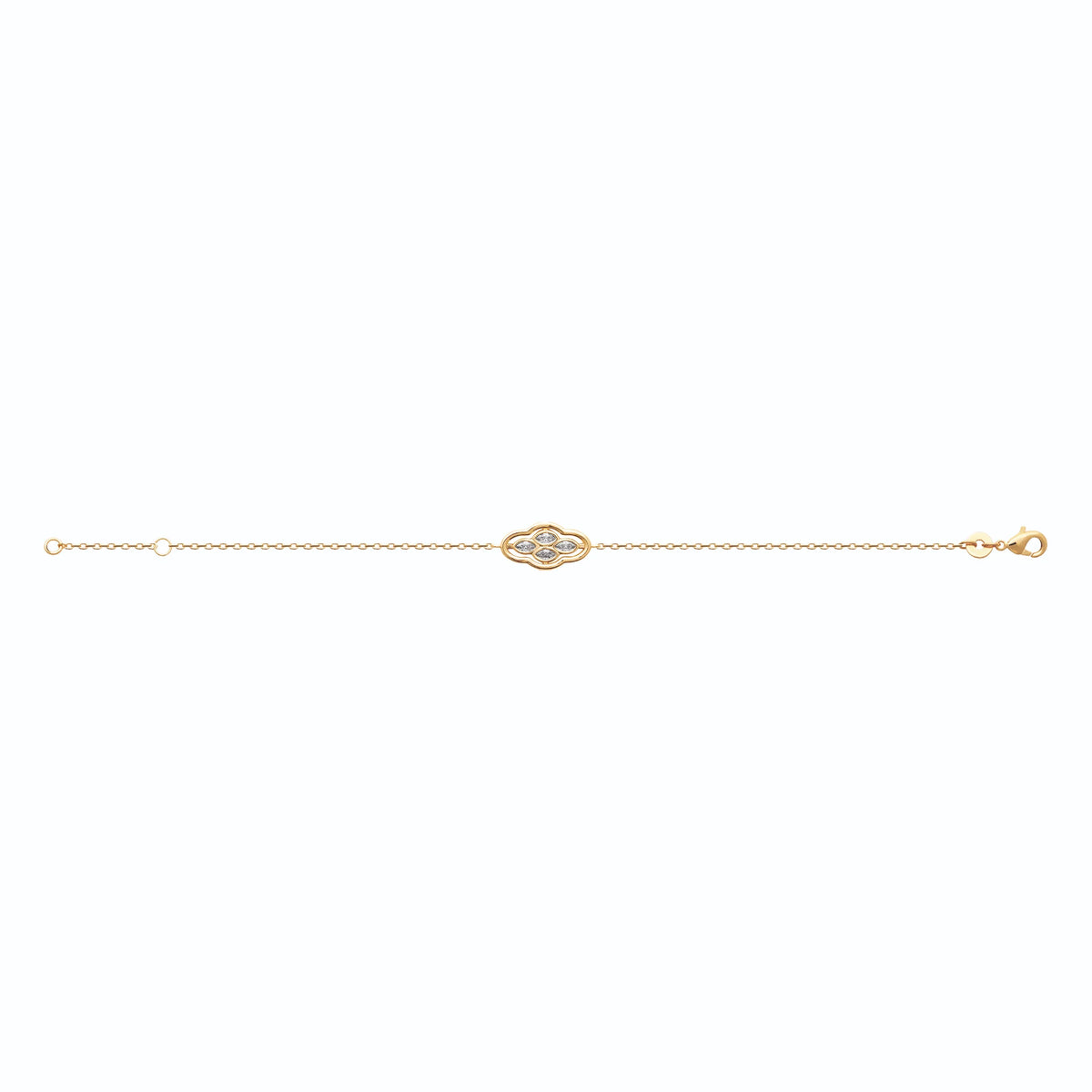 Bracelet chaîne fine quadrilobe serti de zircons navette en plaqué or