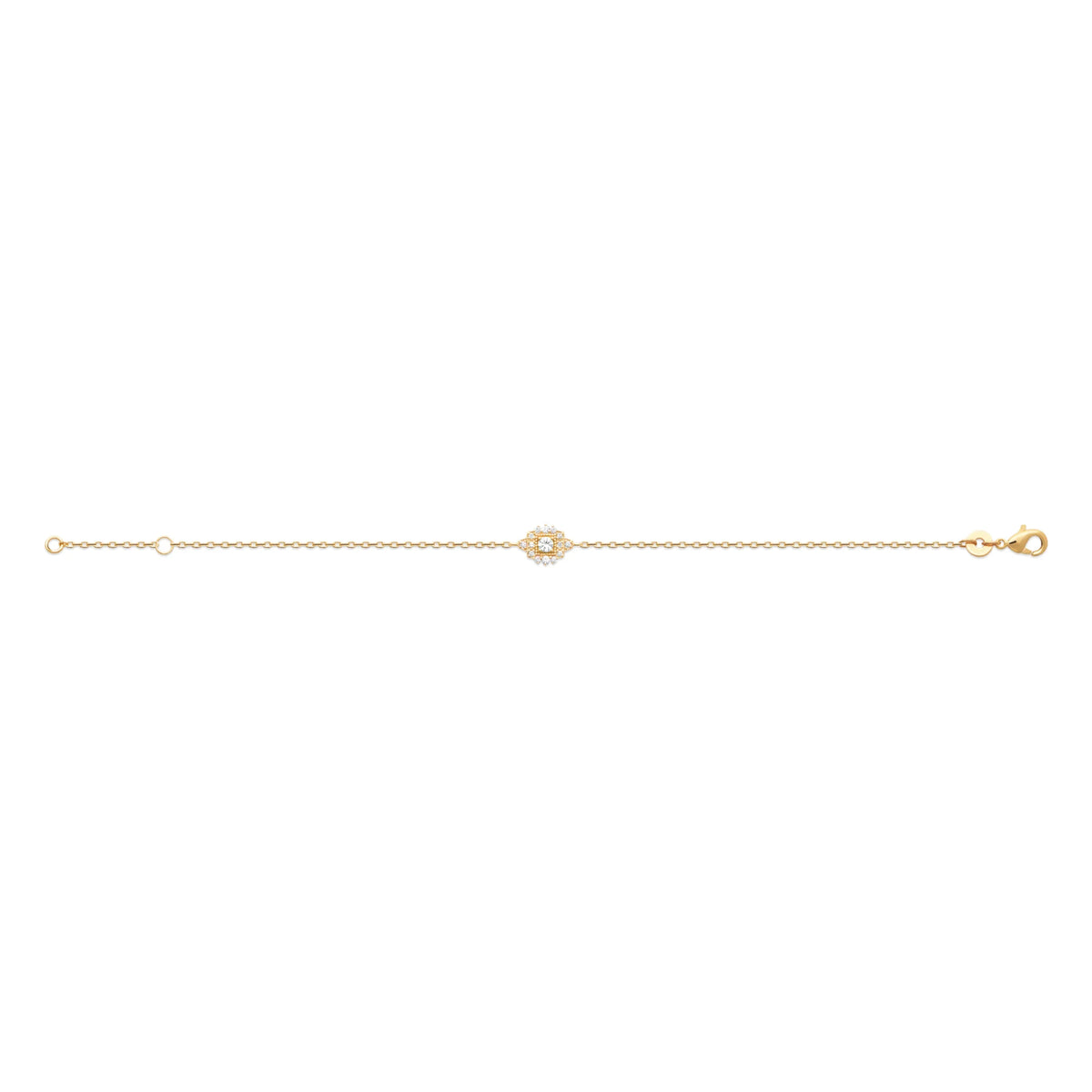 Bracelet chaîne fine rosace de zircons et pierre carrée en plaqué or
