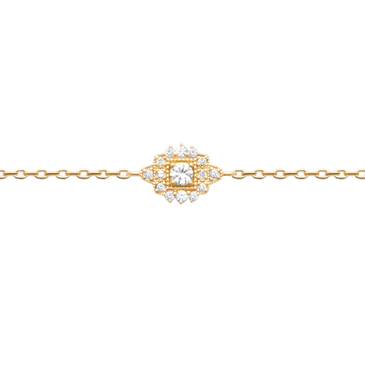 Bracelet chaîne fine rosace de zircons et pierre carrée en plaqué or