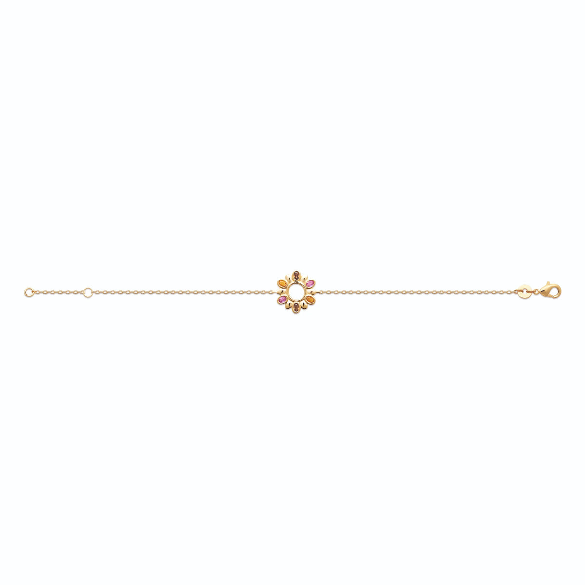 Bracelet chaîne fine soleil de pierres roses et orangées en plaqué or