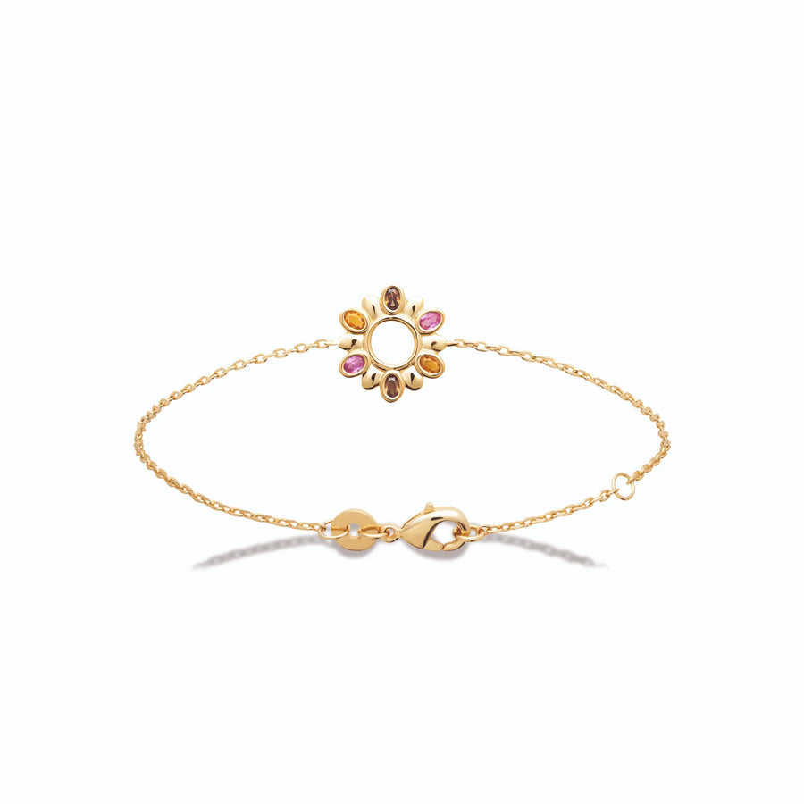 Bracelet chaîne fine soleil de pierres roses et orangées en plaqué or, vue de face
