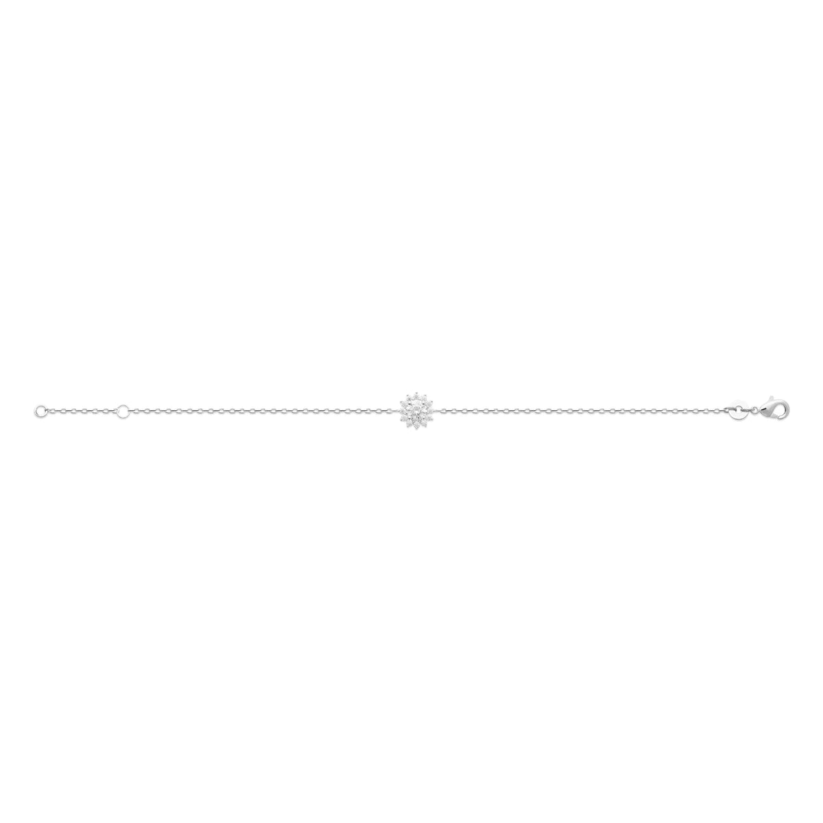 Bracelet chaîne fine et soleil de zircons en argent 925, posé à plat sur toute sa longueur