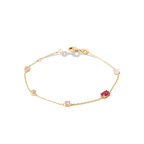 Bracelet chaîne fine stations de pierres véritables roses en plaqué or