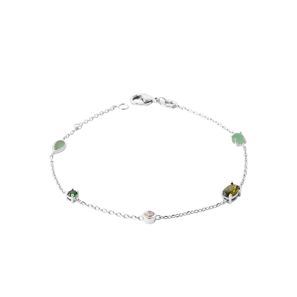 Bracelet chaîne fine stations de pierres véritables vertes en argent 925 rhodié