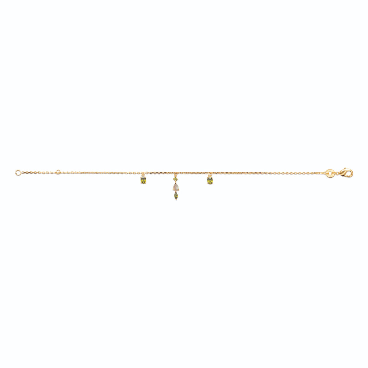 Bracelet chaîne fine trois breloques pierres vertes et zircons en plaqué or