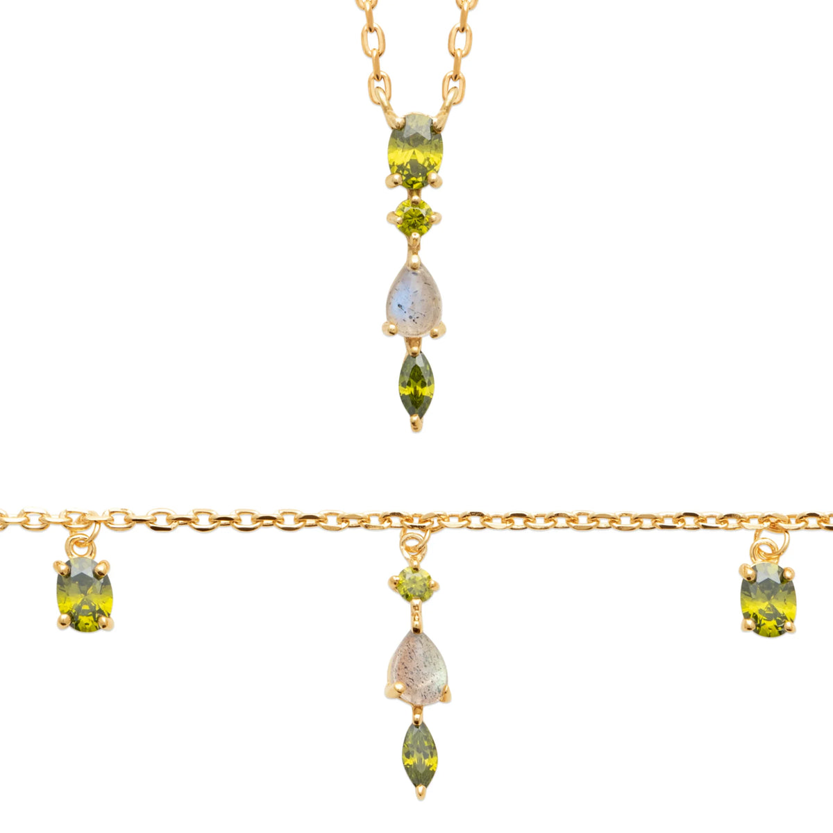 Bracelet chaîne fine trois breloques pierres vertes et zircons en plaqué or