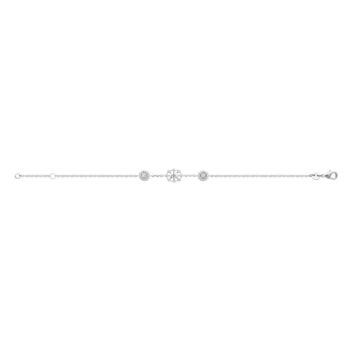Bracelet chaîne fine trois rosaces de zircons en argent 925 rhodié