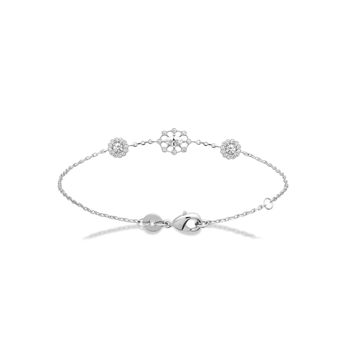 Bracelet chaîne fine trois rosaces de zircons en argent 925 rhodié
