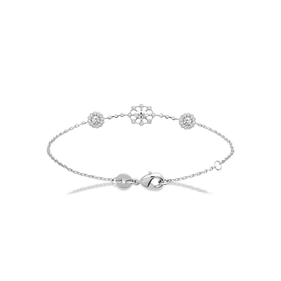 Bracelet chaîne fine trois rosaces de zircons en argent 925 rhodié, vue de face