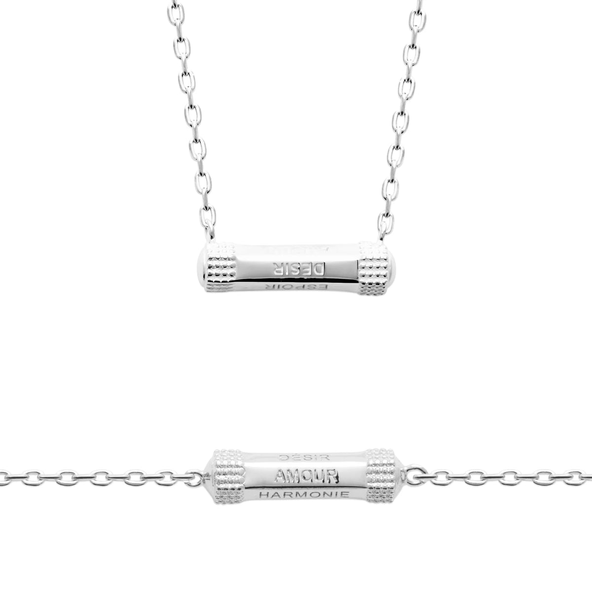 Bracelet chaîne fine tube gravé Amour Désir Harmonie en argent 925 rhodié, avec le collier assorti
