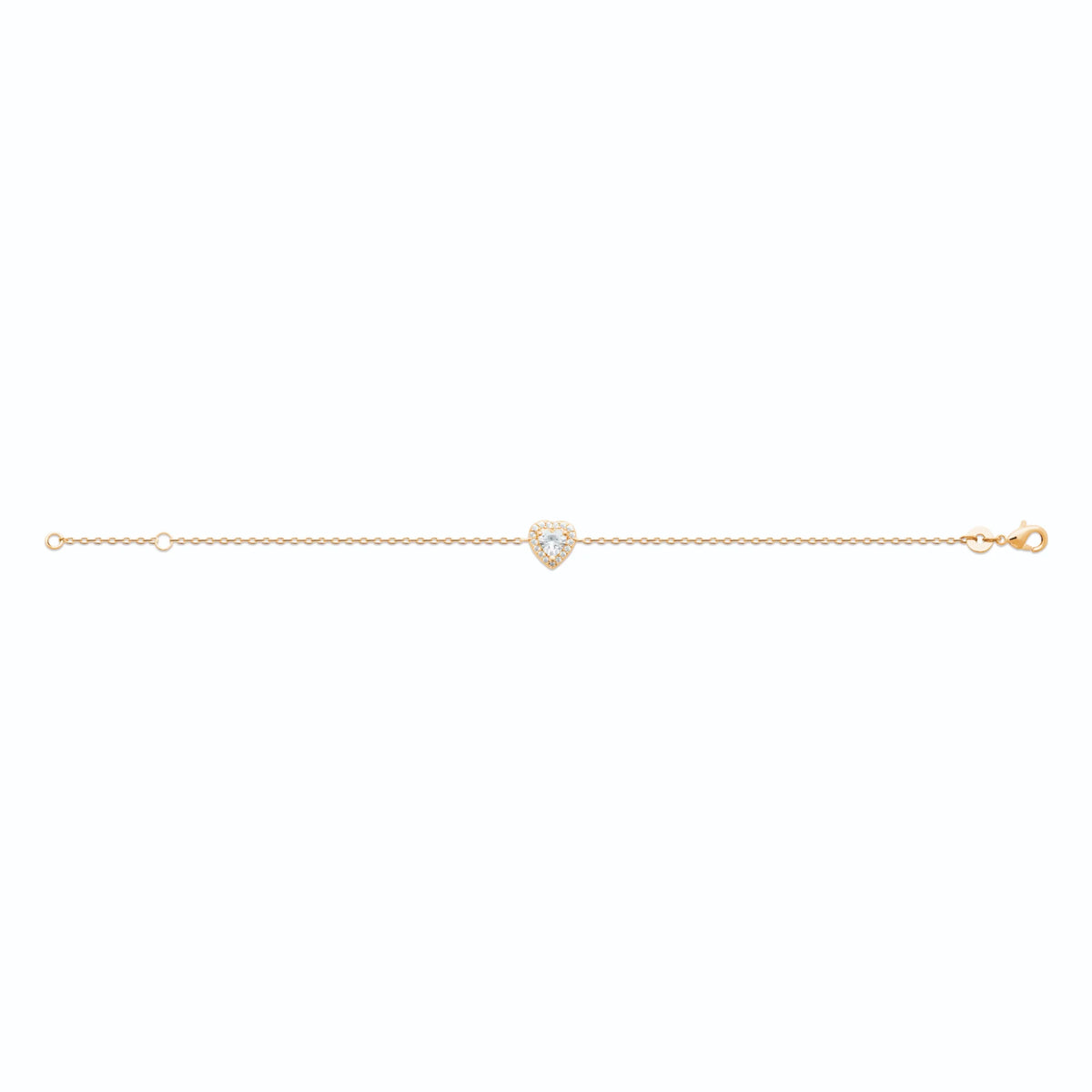 Bracelet chaîne fine zircon cœur et halo de zircons en plaqué or, vu à plat