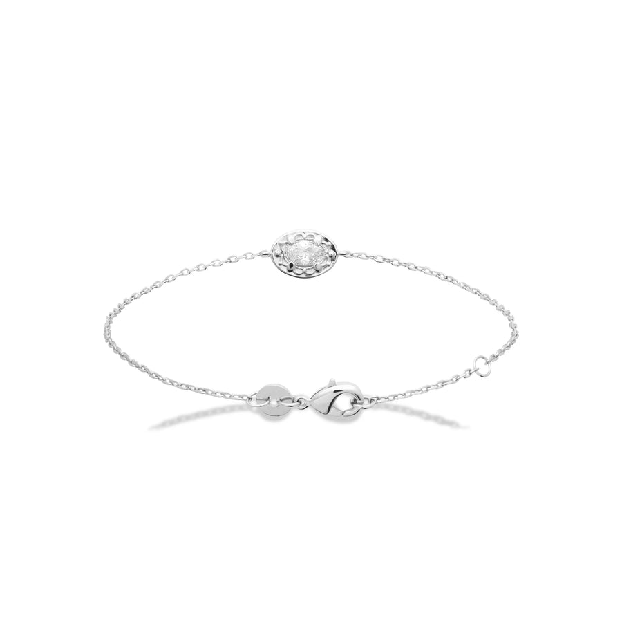 Bracelet chaîne fine zircon ovale et halo en argent 925 rhodié, vue de face