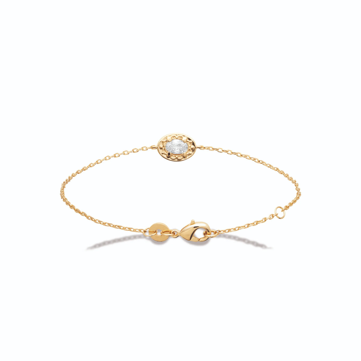Bracelet chaîne fine zircon ovale et halo en plaqué or