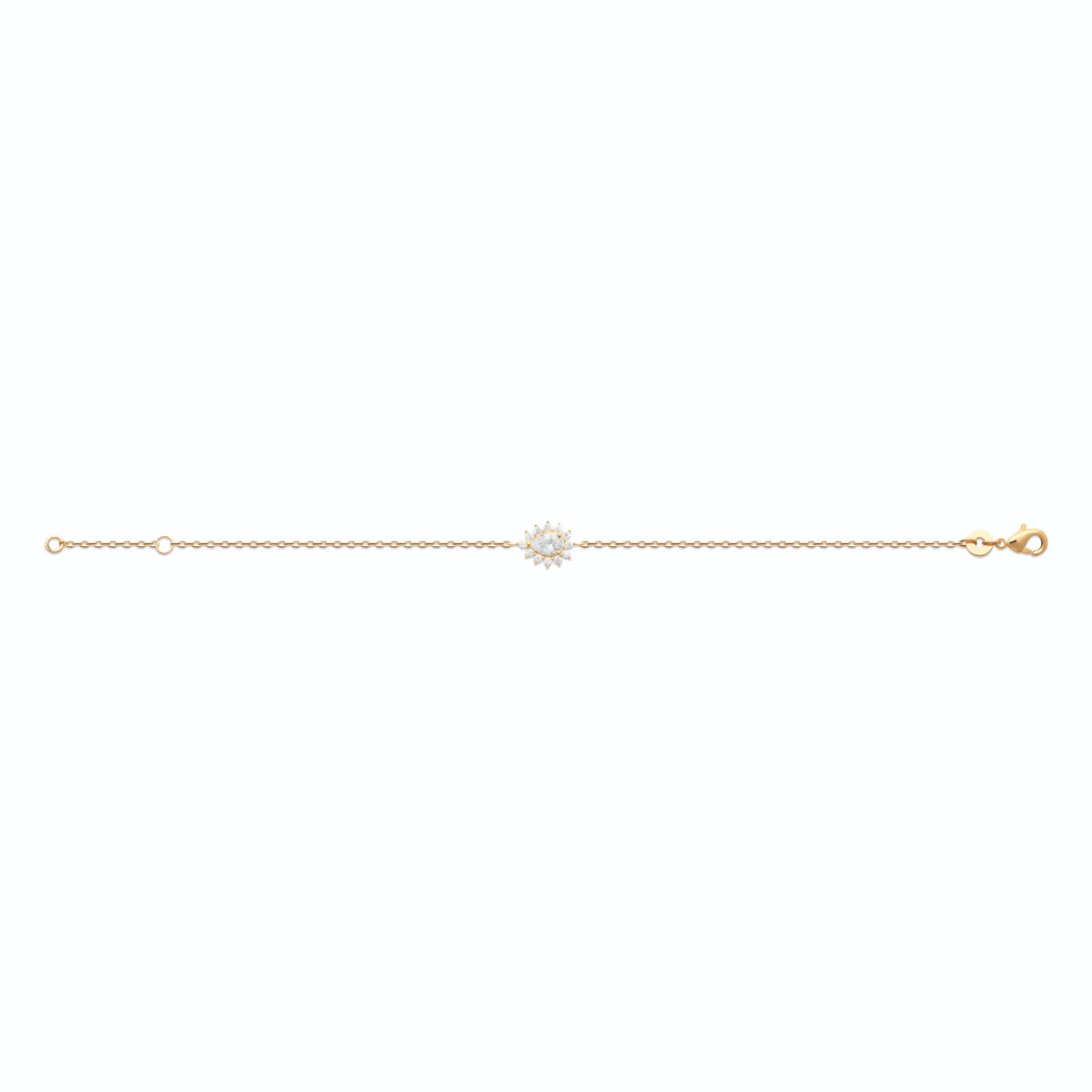 Bracelet chaîne fine zircon poire et halo rayonnant en plaqué or