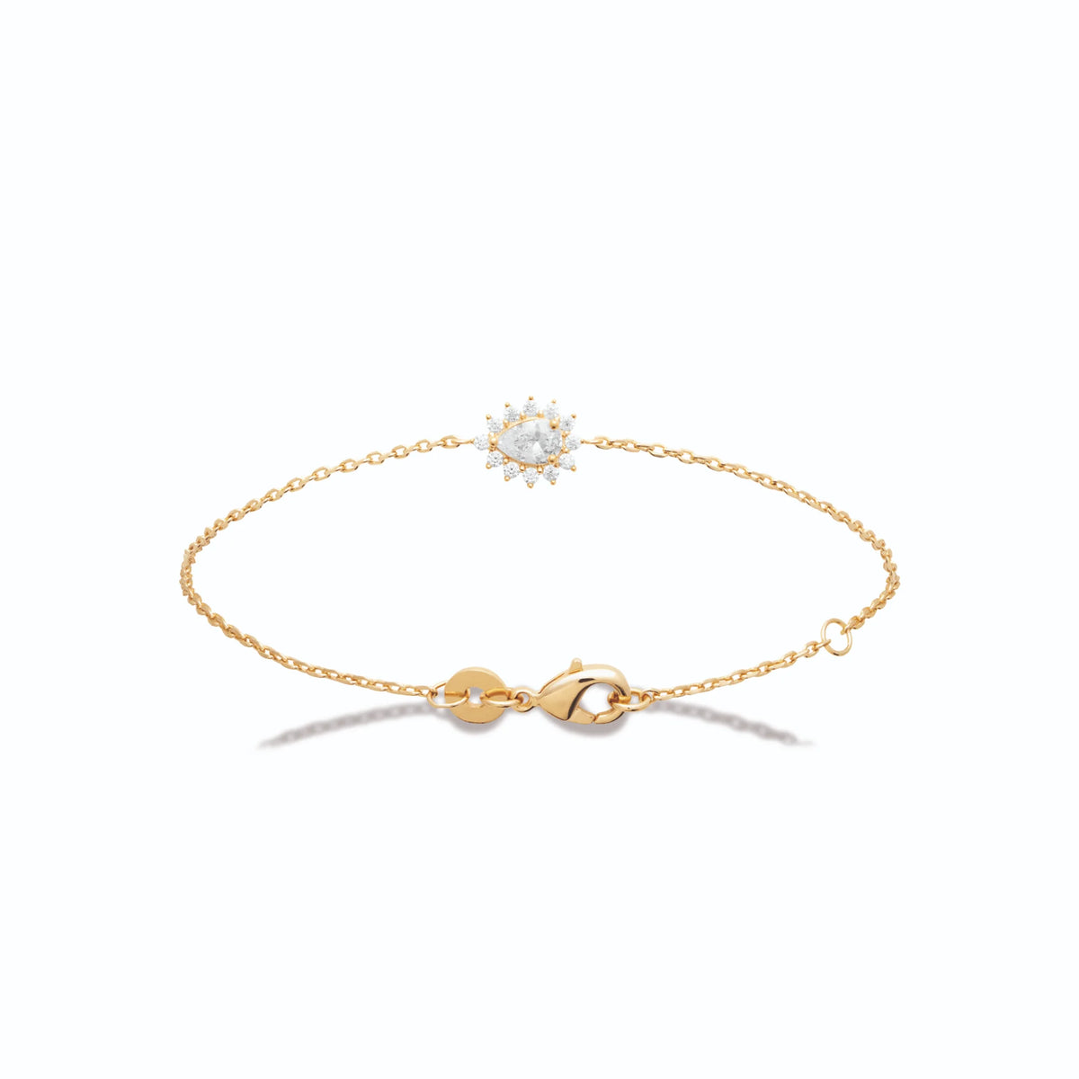 Bracelet chaîne fine zircon poire et halo rayonnant en plaqué or