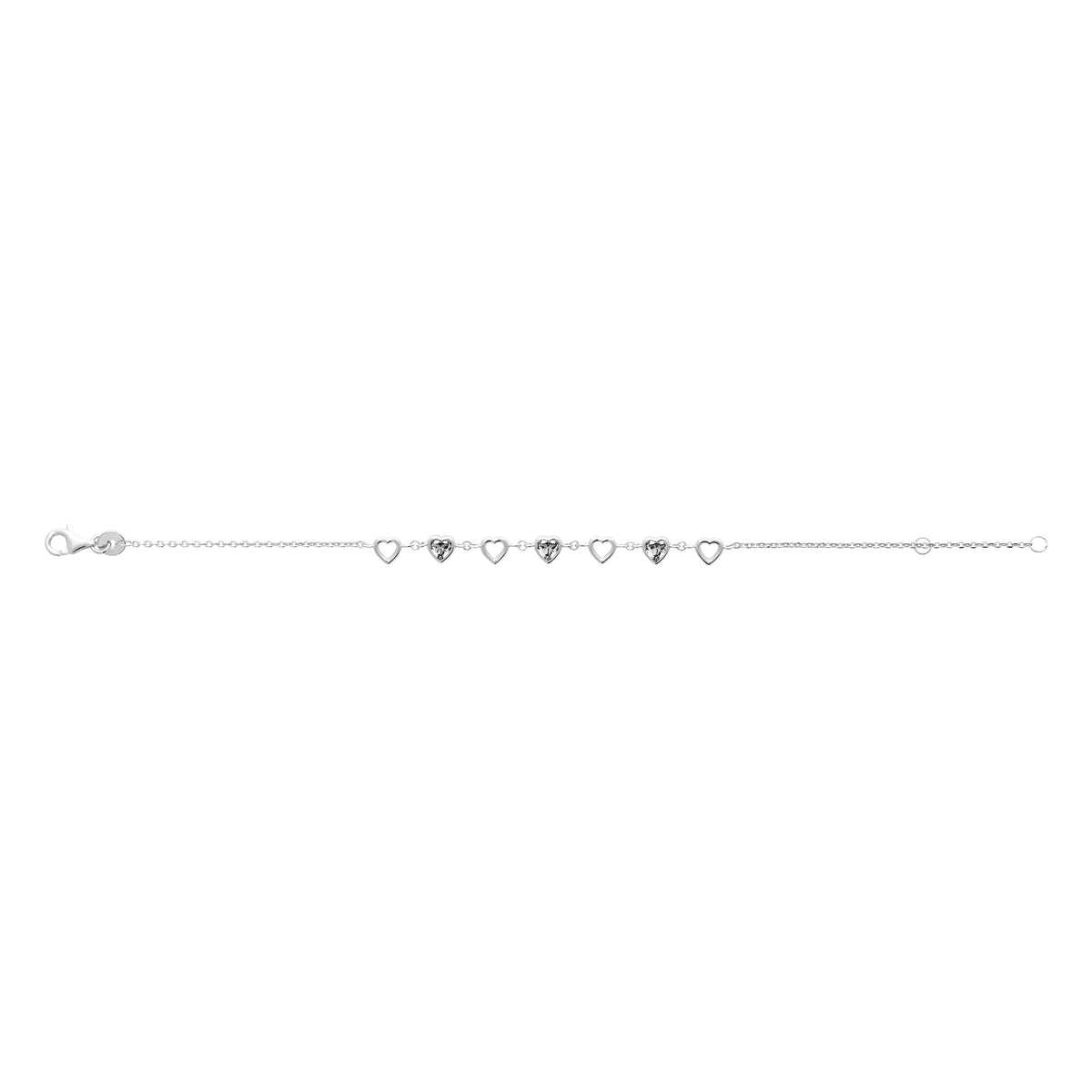 Bracelet chaîne ligne de cœurs ajourés et sertis en argent 925 rhodié