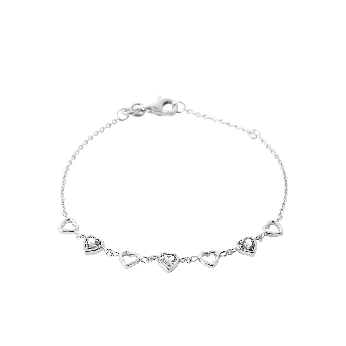 Bracelet chaîne ligne de cœurs ajourés et sertis en argent 925 rhodié