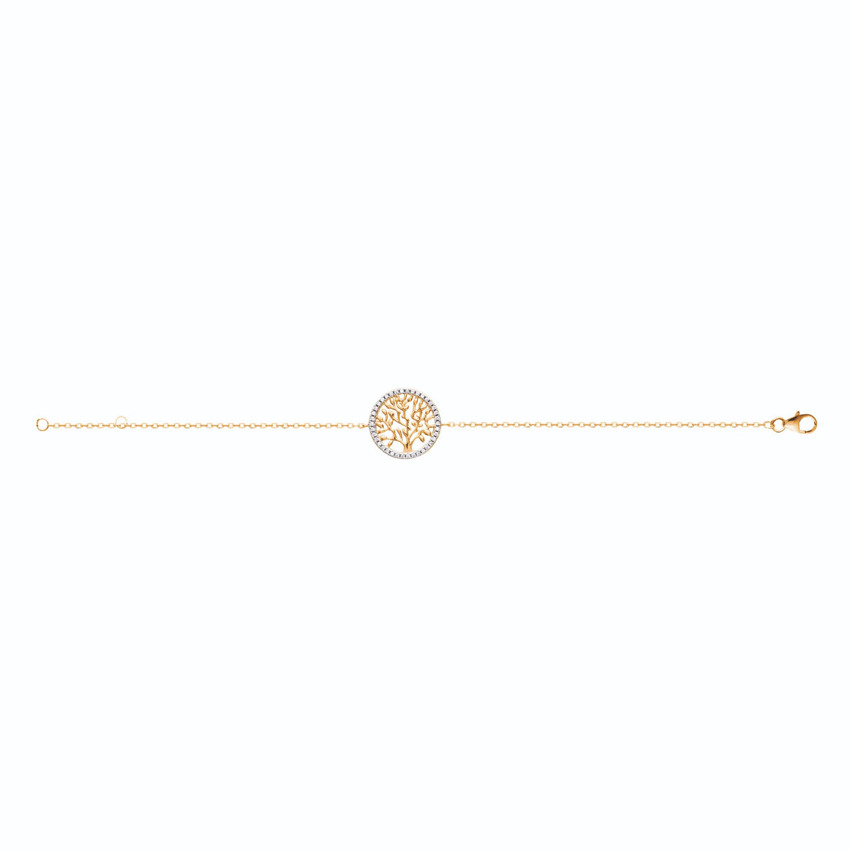 Bracelet chaîne médaillon arbre de vie pavé de zircons en plaqué or, vue à plat