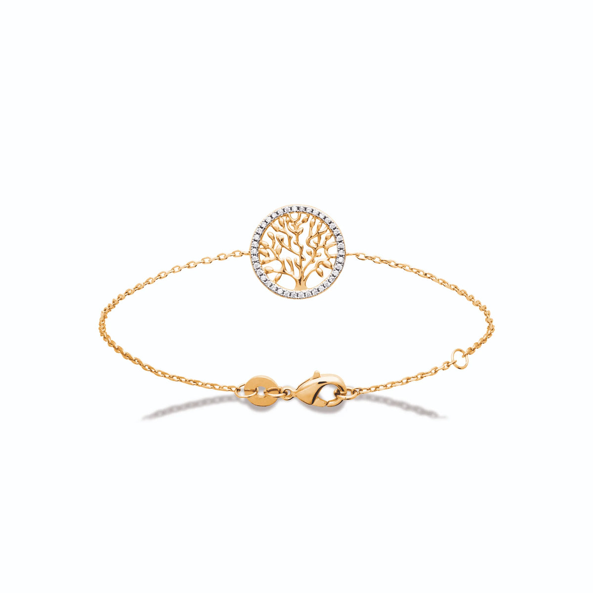 Bracelet chaîne médaillon arbre de vie pavé de zircons en plaqué or