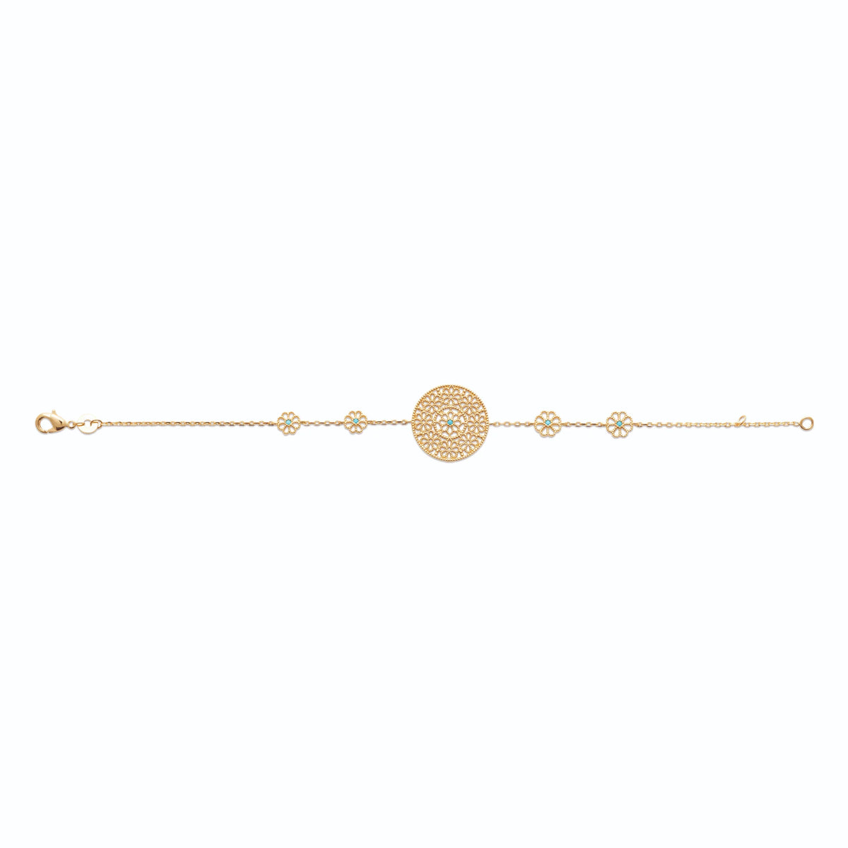 Bracelet chaîne médaillon mandala ajouré et pierres bleues en plaqué or