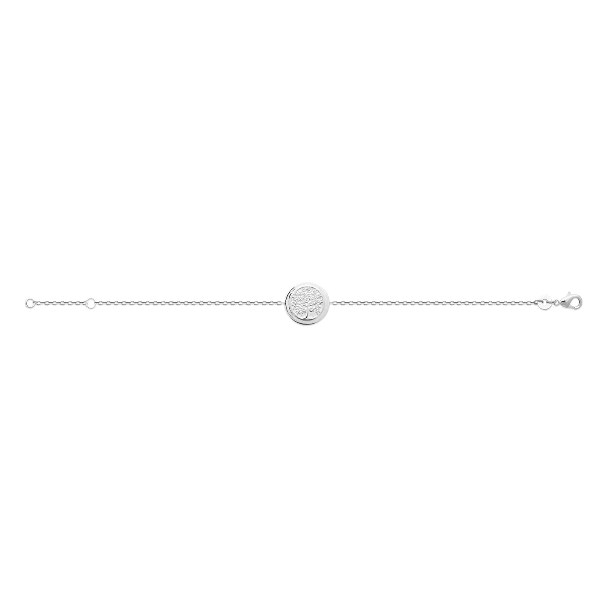 Bracelet chaîne médaillon ovale arbre de vie en relief en argent 925 rhodié, vu à plat