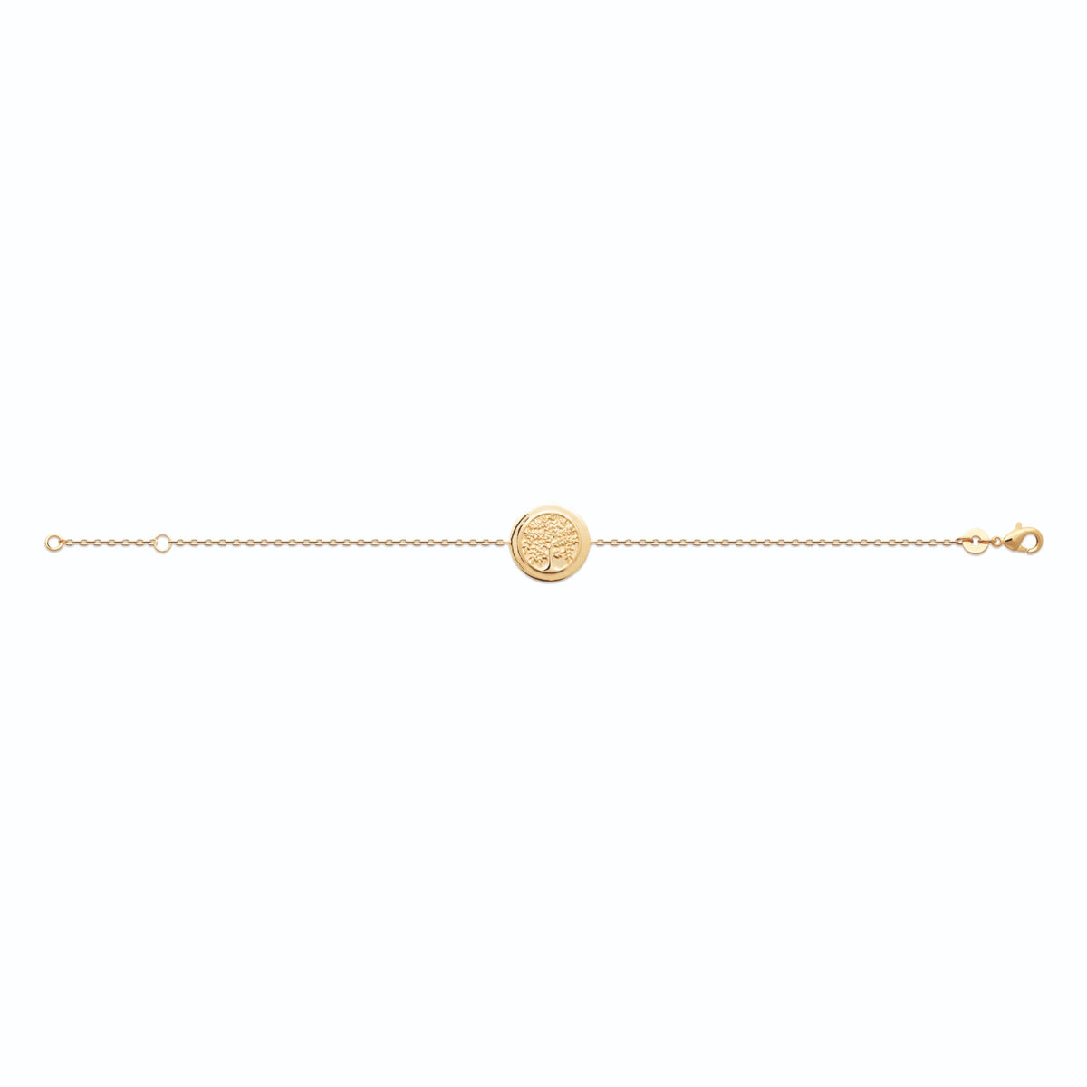 Bracelet chaîne médaillon ovale arbre de vie en relief en plaqué or, vu à plat