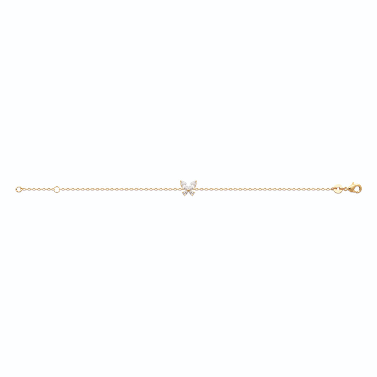 Bracelet chaîne papillon zircons en plaqué or, vue à plat