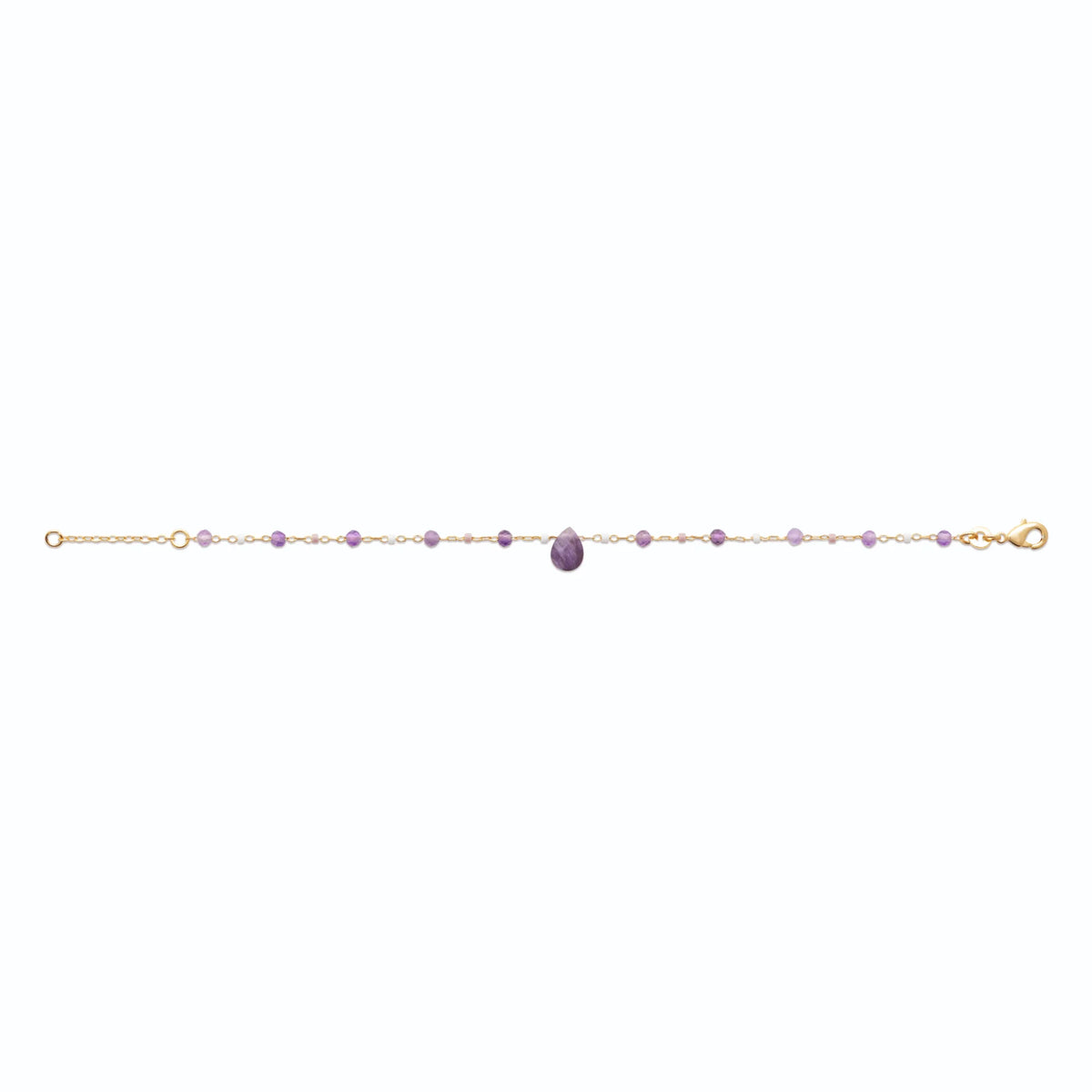 Bracelet chaîne perlée d’améthyste et goutte d’améthyste en plaqué or
