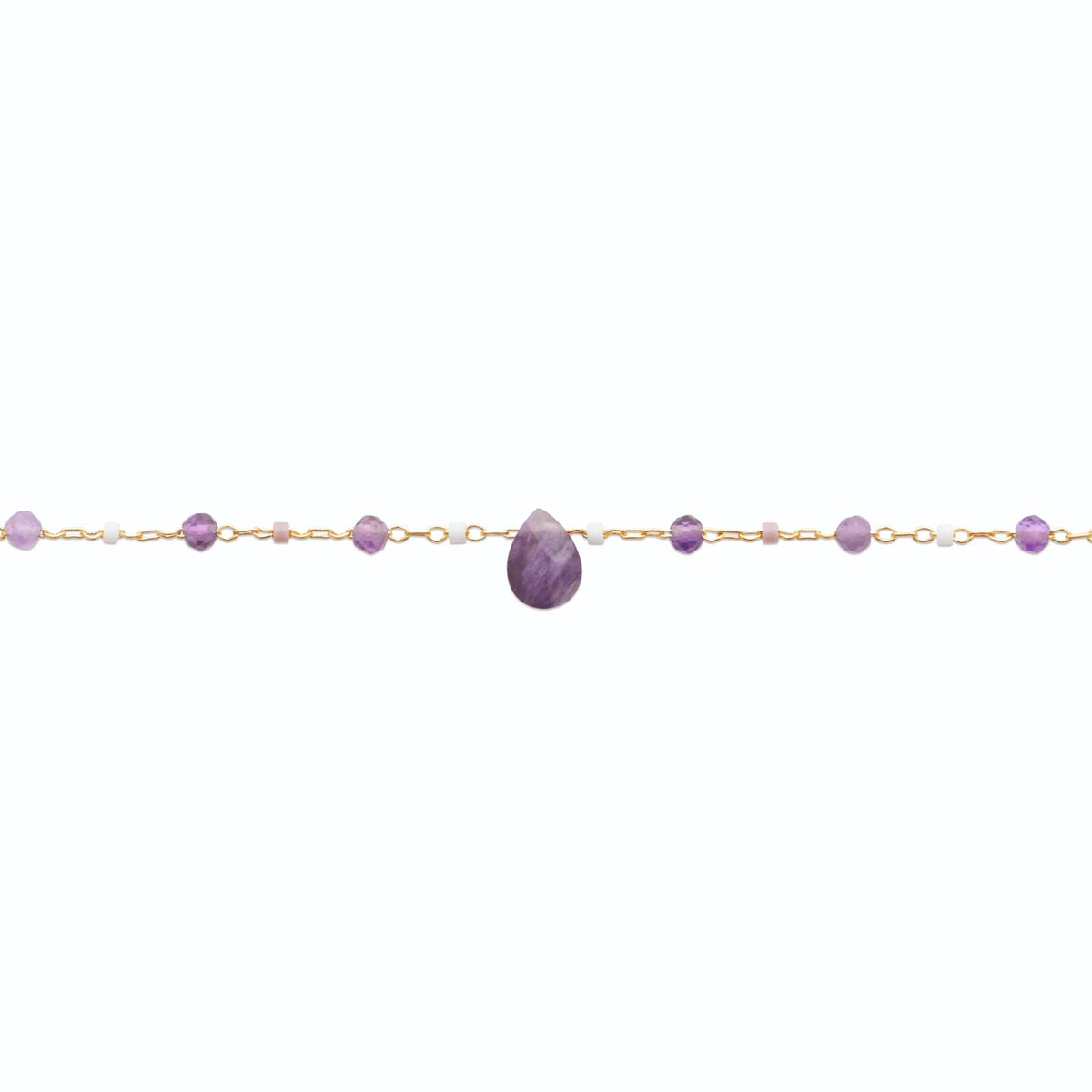 Bracelet chaîne perlée d’améthyste et goutte d’améthyste en plaqué or
