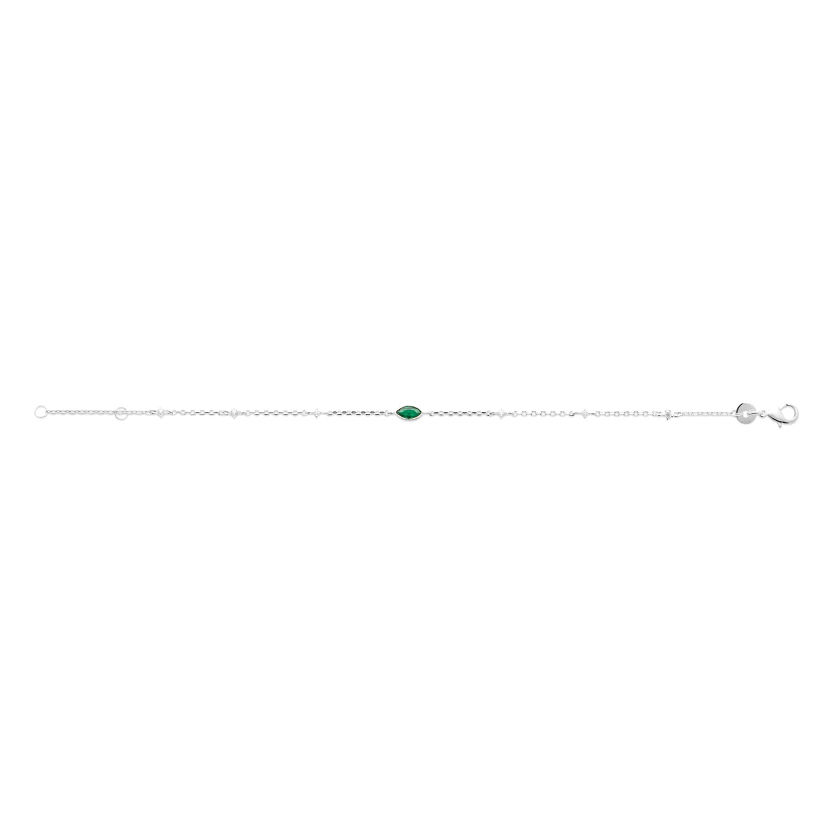 Bracelet chaîne pierre verte navette et zircons en argent 925, posé à plat sur toute sa longueur