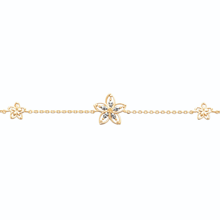 Bracelet chaîne trois fleurs de zircons en plaqué or, vue de face