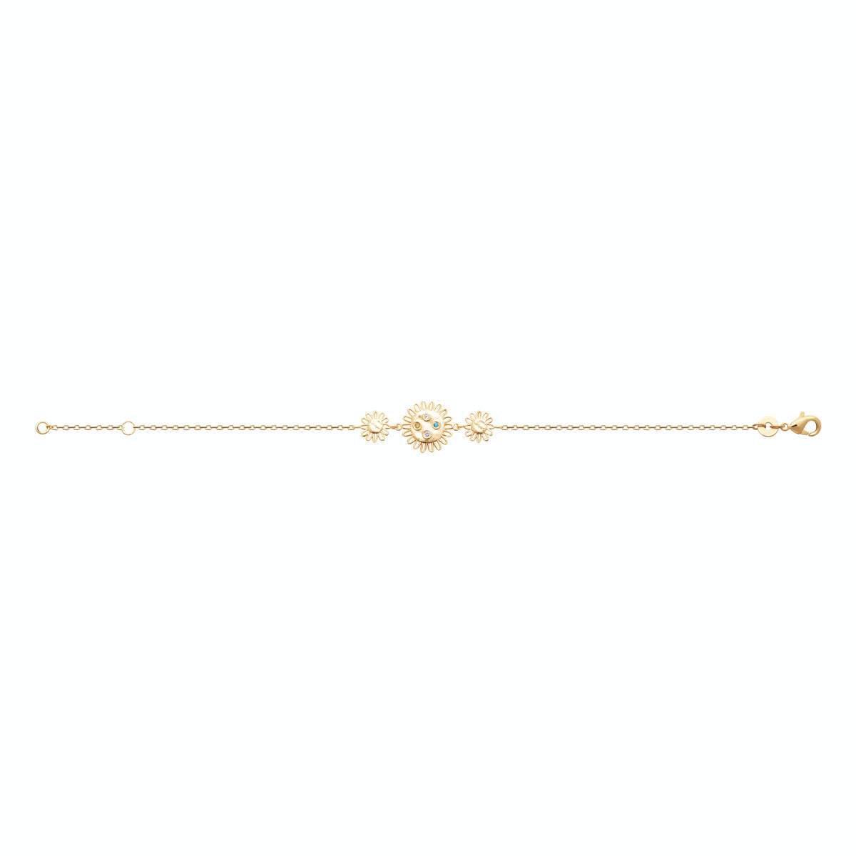 Bracelet chaîne trois marguerites et pierres de couleur en plaqué or