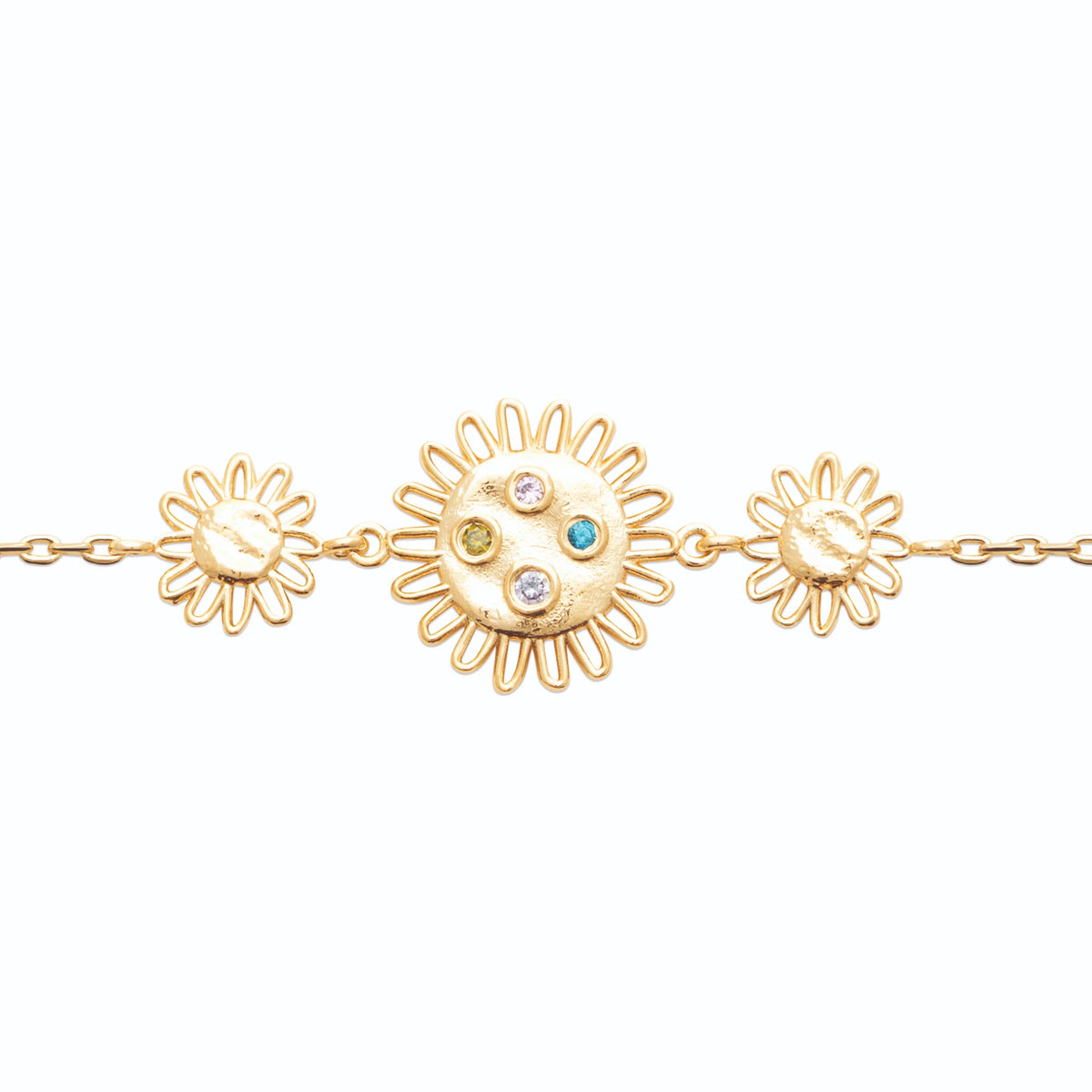 Bracelet chaîne trois marguerites et pierres de couleur en plaqué or