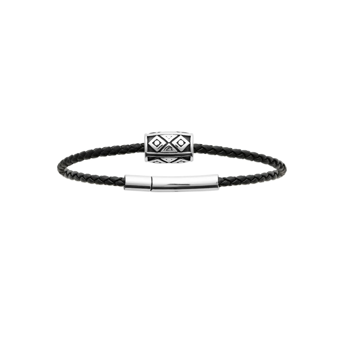 Bracelet cordon tressé noir et perle acier gravée homme