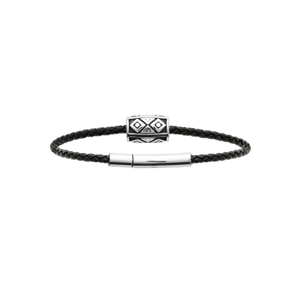 Bracelet cordon tressé noir et perle acier gravée homme