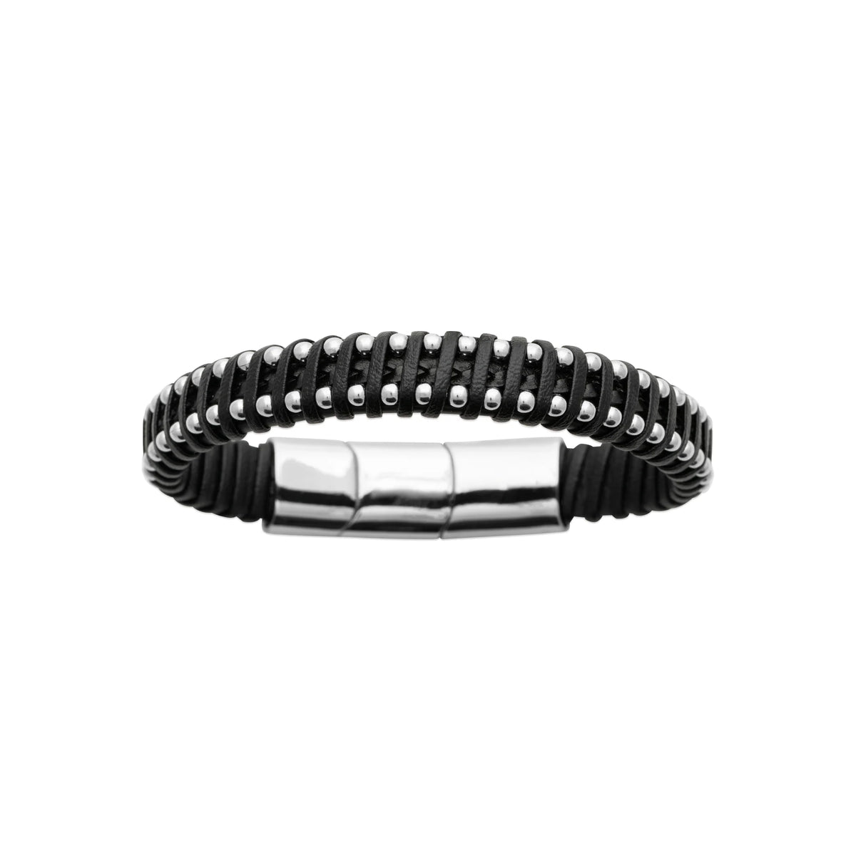 Bracelet cuir noir à anneaux d’acier homme