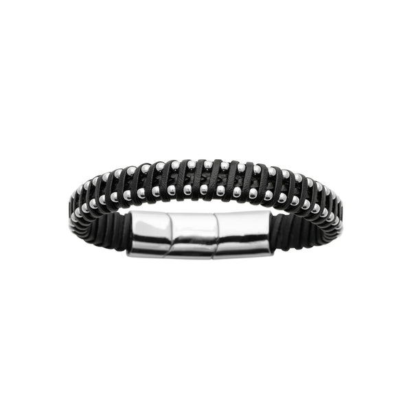 Bracelet cuir noir à anneaux d’acier homme