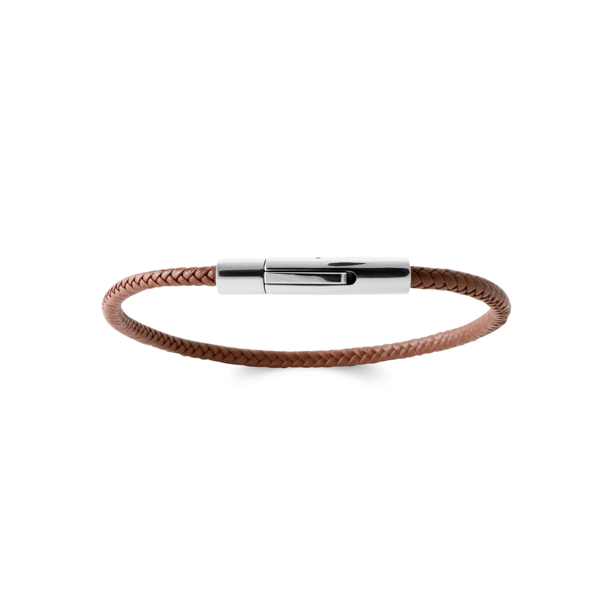 Bracelet cuir tressé fin marron et fermoir acier vu de profil